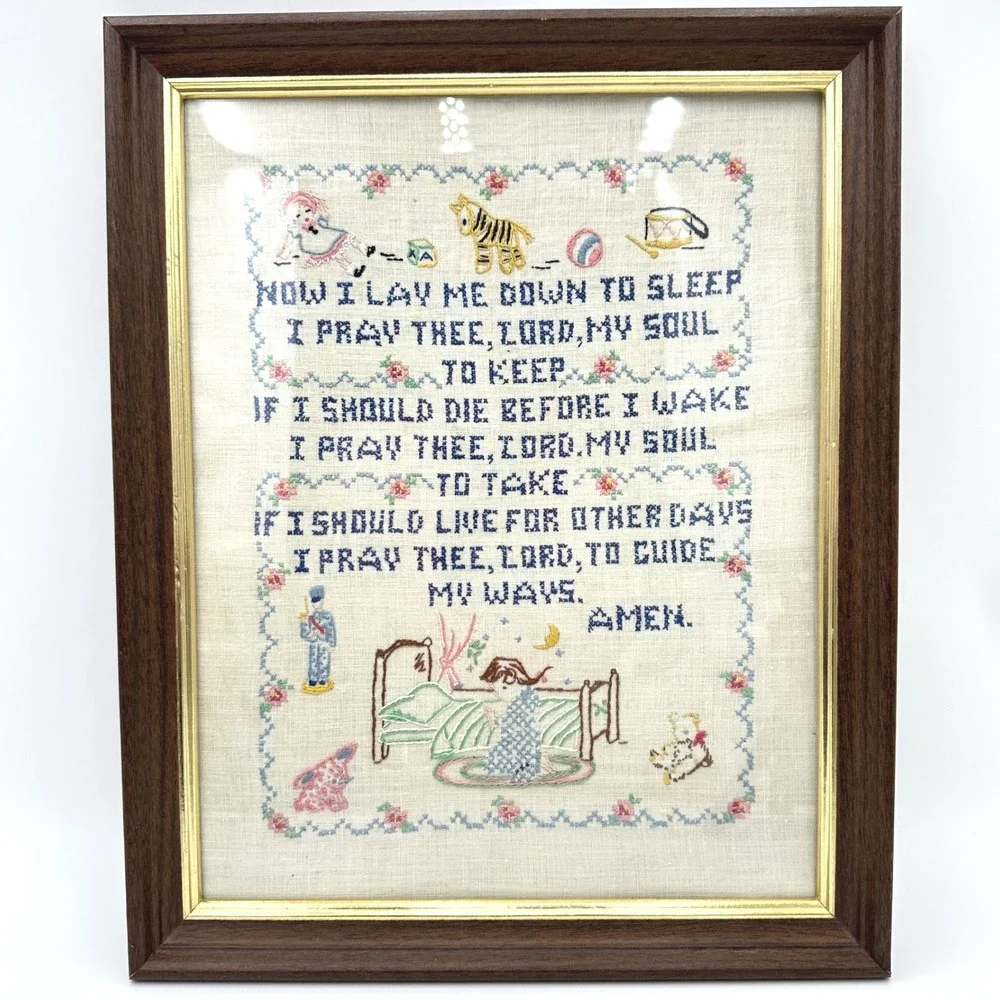 Vtg 1950s Now I Lay Me Down To Sleep Childs Prayer Nursery Cross Stitch Sampler